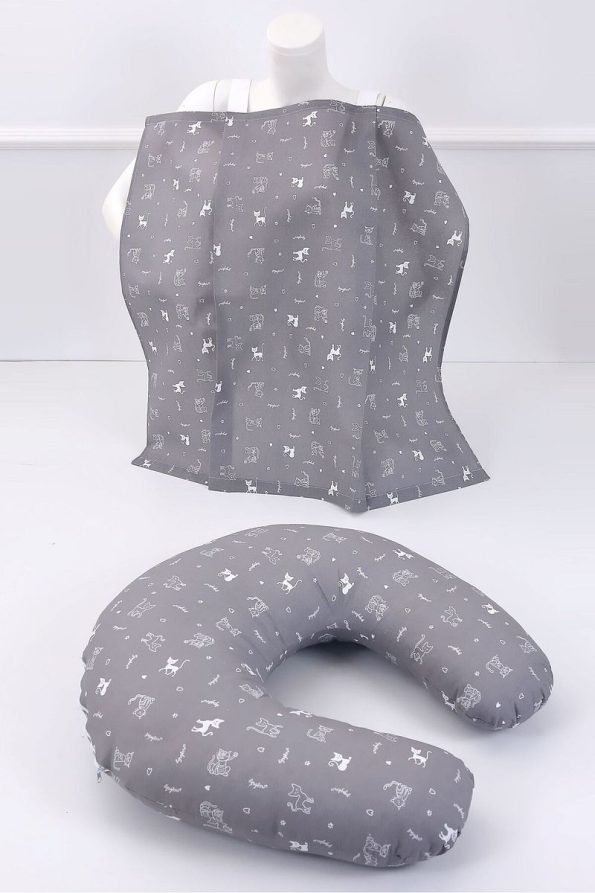 Umaybebek Nursing Pillow and Bib Set - Cotton Fabric - Grey Cat