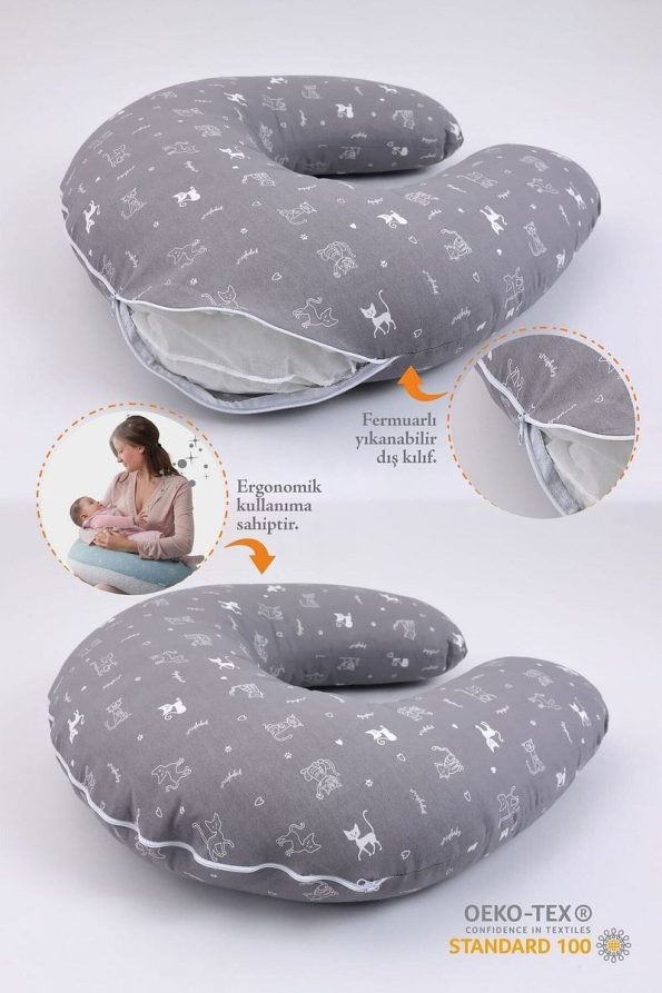 Umaybebek Nursing Pillow and Bib Set - Cotton Fabric - Grey Cat