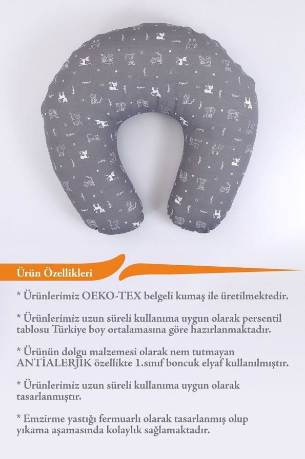 Umaybebek Nursing Pillow and Bib Set - Cotton Fabric - Grey Cat