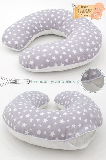 Reversible Nursing Pillow for Babies and Moms, Cotton Fabric, Stars Design, Gray