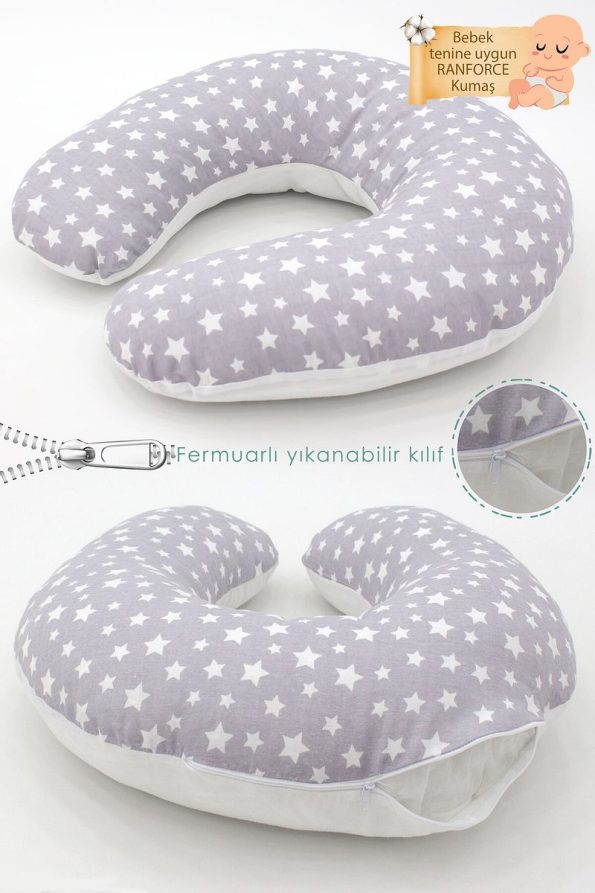 Reversible Nursing Pillow for Babies and Moms, Cotton Fabric, Stars Design, Gray