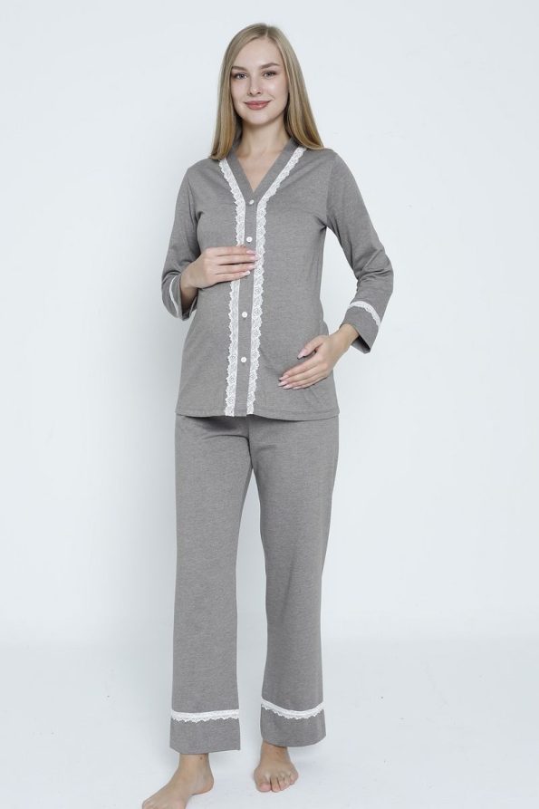 Miss Dünya Lissa Brown Lace Detail Front Button Maternity and Nursing Pajama Set