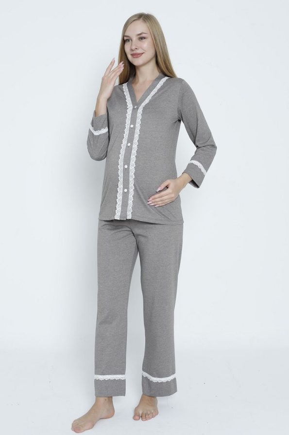 Miss Dünya Lissa Brown Lace Detail Front Button Maternity and Nursing Pajama Set