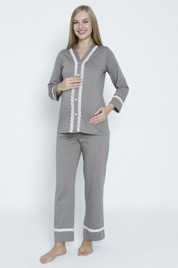 Miss Dünya Lissa Brown Lace Detail Front Button Maternity and Nursing Pajama Set