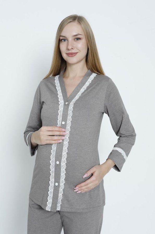 Miss Dünya Lissa Brown Lace Detail Front Button Maternity and Nursing Pajama Set