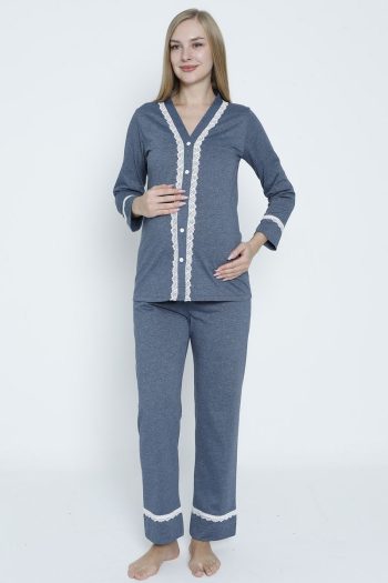 Miss Dünya Lissa Navy Blue Lace Detail Front Button Maternity and Nursing Pajama Set