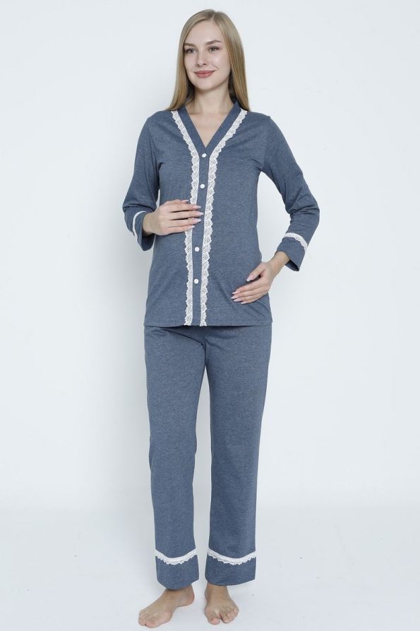 Miss Dünya Lissa Navy Blue Lace Detail Front Button Maternity and Nursing Pajama Set