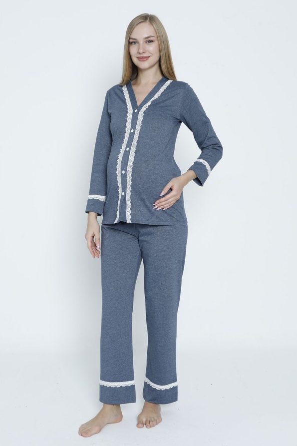 Miss Dünya Lissa Navy Blue Lace Detail Front Button Maternity and Nursing Pajama Set