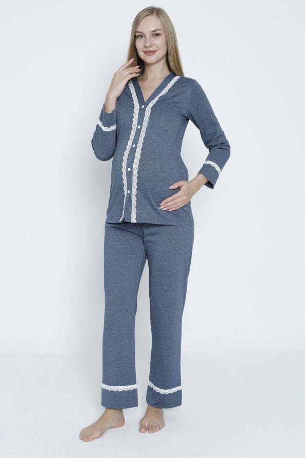 Miss Dünya Lissa Navy Blue Lace Detail Front Button Maternity and Nursing Pajama Set