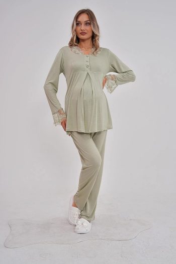 Women’s Green Lace Long Sleeve Cotton Maternity Pajama Set