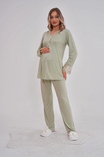 Women’s Green Lace Long Sleeve Cotton Maternity Pajama Set