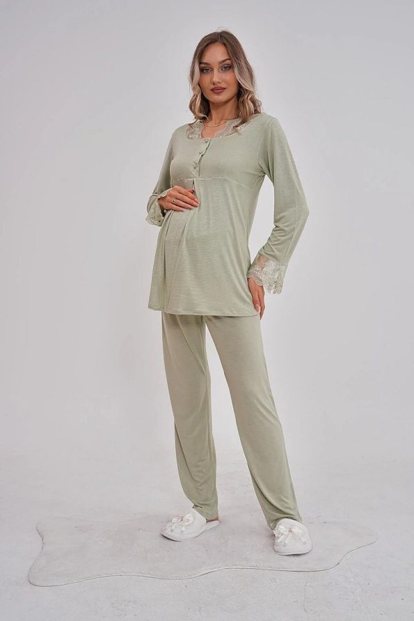 Women’s Green Lace Long Sleeve Cotton Maternity Pajama Set