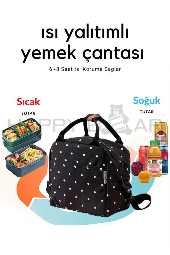 Happy Bear Thermal Lunch Bag Insulated Waterproof Black Polka Dot