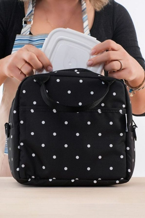 Happy Bear Thermal Lunch Bag Insulated Waterproof Black Polka Dot