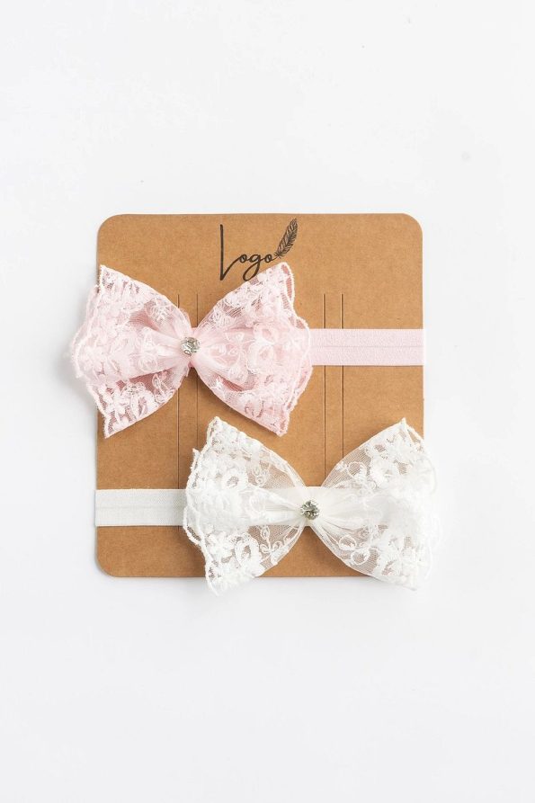 LOGO ACCESSORY Baby Girl Bandana Set with Rhinestone Lace Bow (Pink-White)