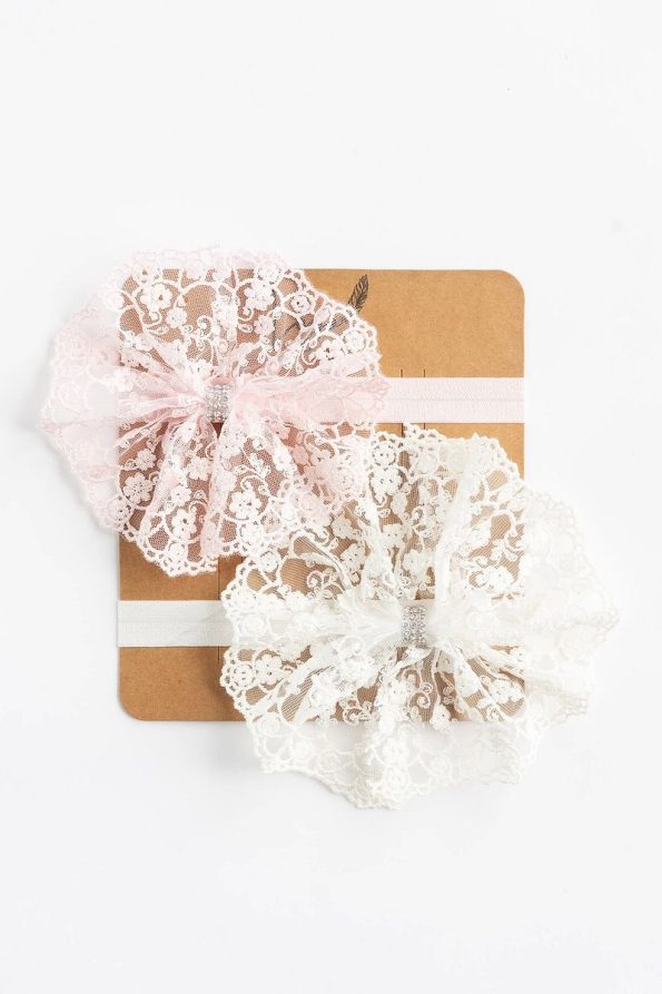 Girls' Baby Bandana Set with Rhinestone Lace Flower Bow (Pink-White)