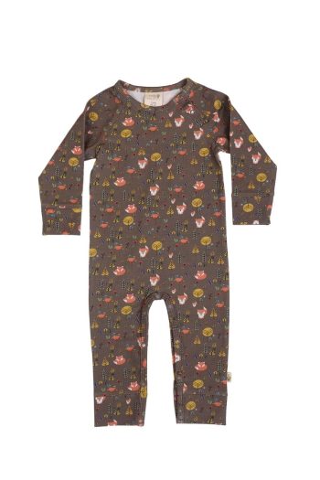 Milk & Muffin Brown Fox and Forest Pattern Long Sleeve Baby Romper