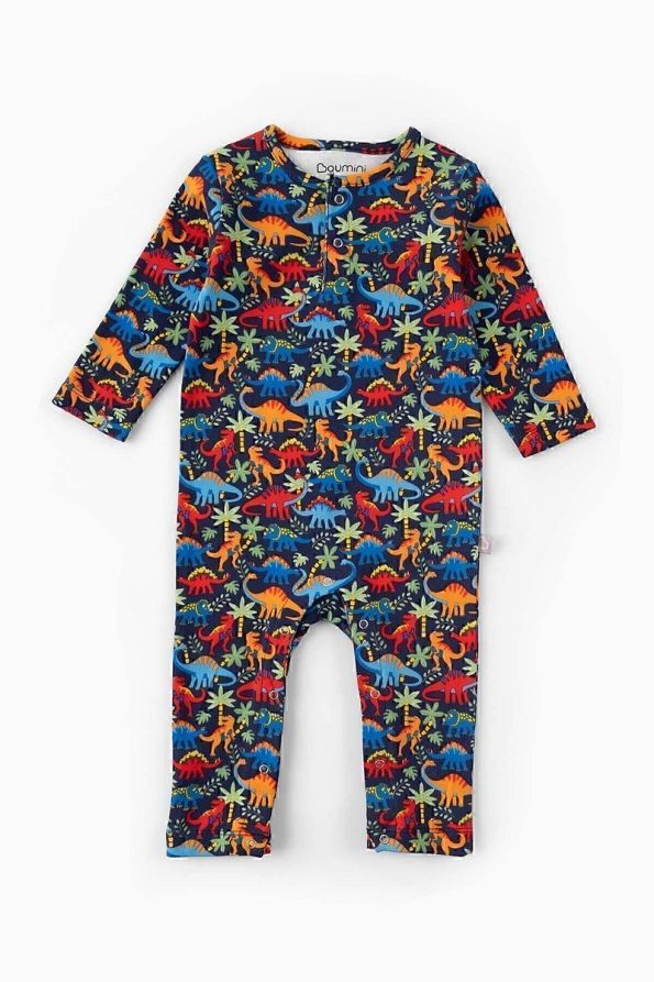 Boumini Baby Long Sleeve Snap Romper with Colorful Dinosaur Print