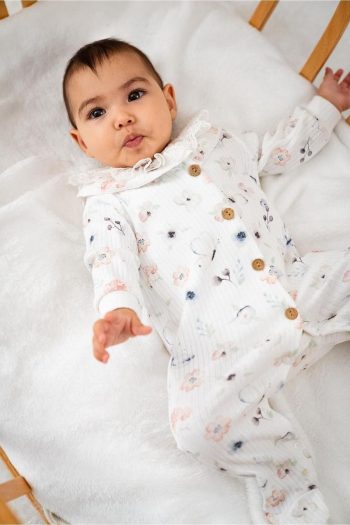 Bubbles Organic Fabric Front Button Lace Embellished Baby Girl Romper