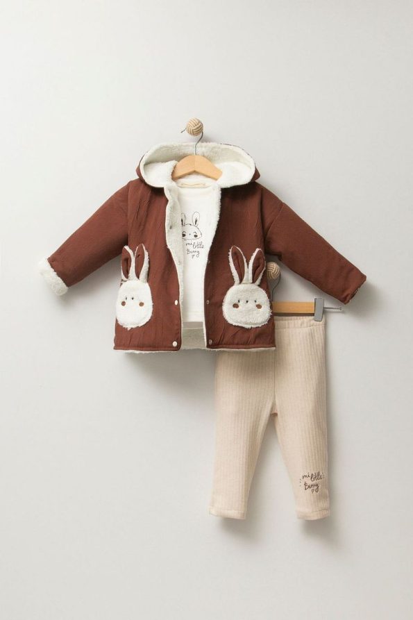 Jikko Baby Rabbit Patterned Welsoft Jacket 3-Piece Winter Set