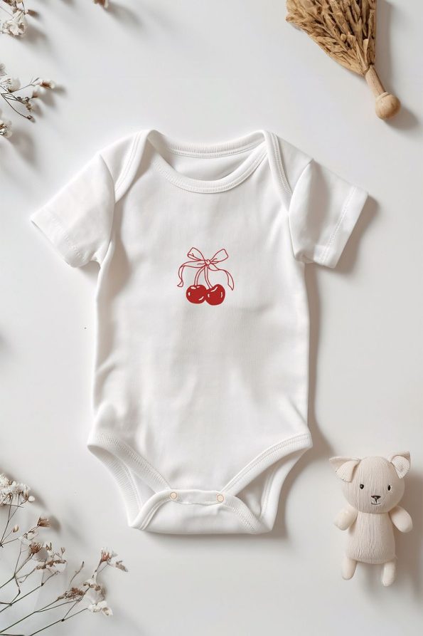 Tufi Baby 100% Cotton Cherry Print Snap Bodysuit White