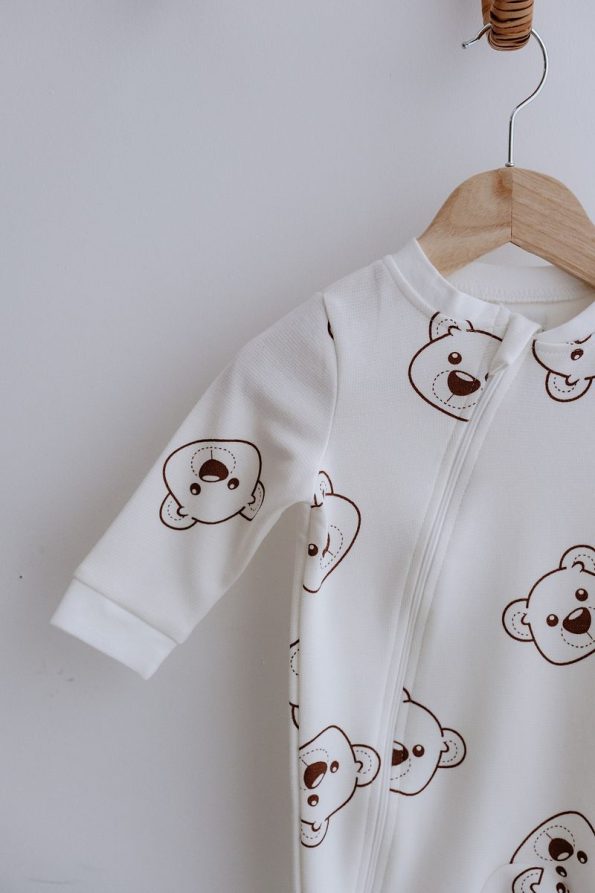 Lilabio 100% Cotton Long Sleeve Zipper Baby Romper Bear Print