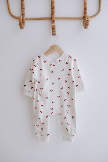 Lilabio 100% Cotton Long Sleeve Zippered Baby Jumpsuit Cherry Pattern