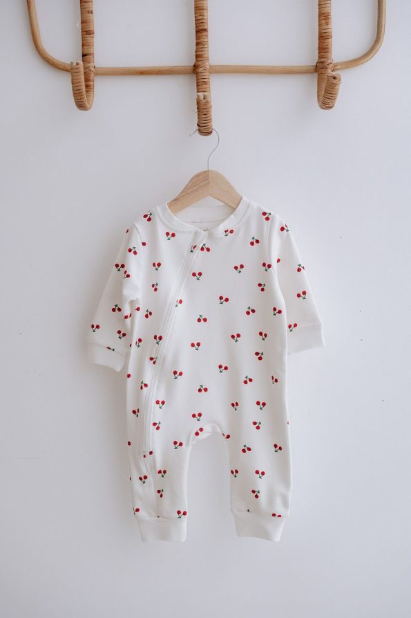 Lilabio 100% Cotton Long Sleeve Zippered Baby Jumpsuit Cherry Pattern