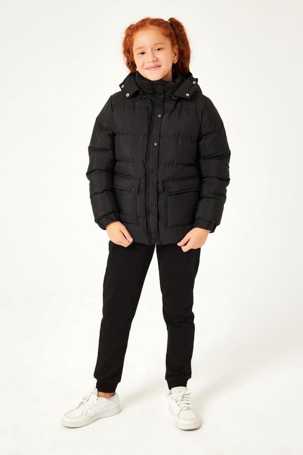 Perendi Hooded Unisex Children's Jacket Black with Pocket Details