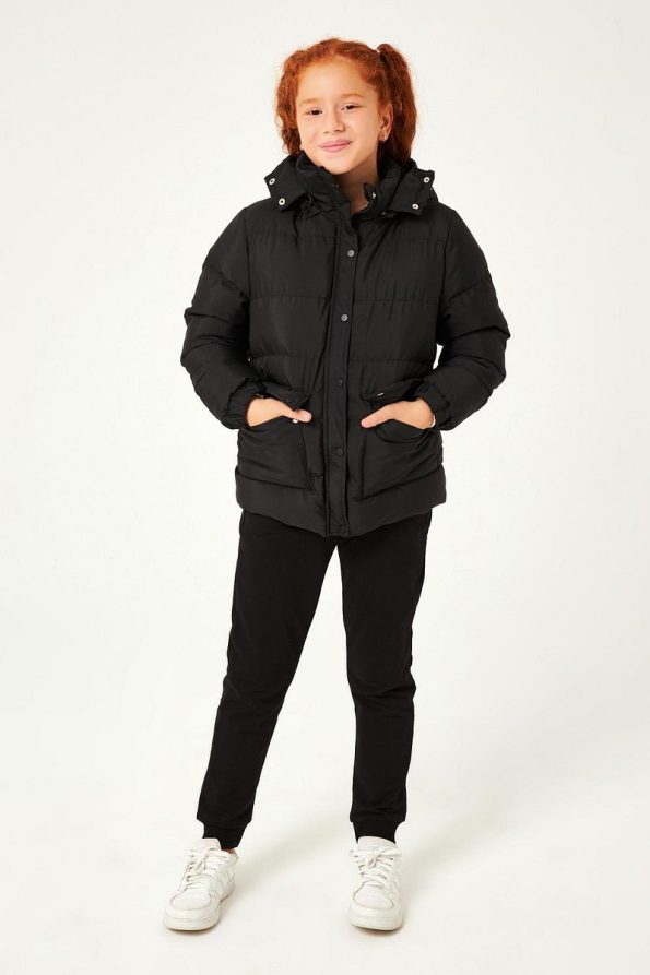 Perendi Hooded Unisex Children's Jacket Black with Pocket Details