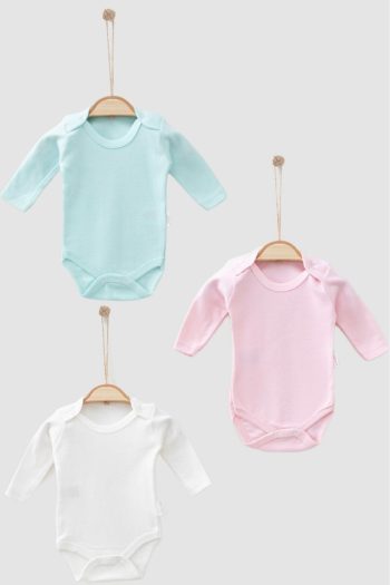 Bamoola 100% Organic Cotton Girls' Long Sleeve Bodysuit Set - Green, Pink, White