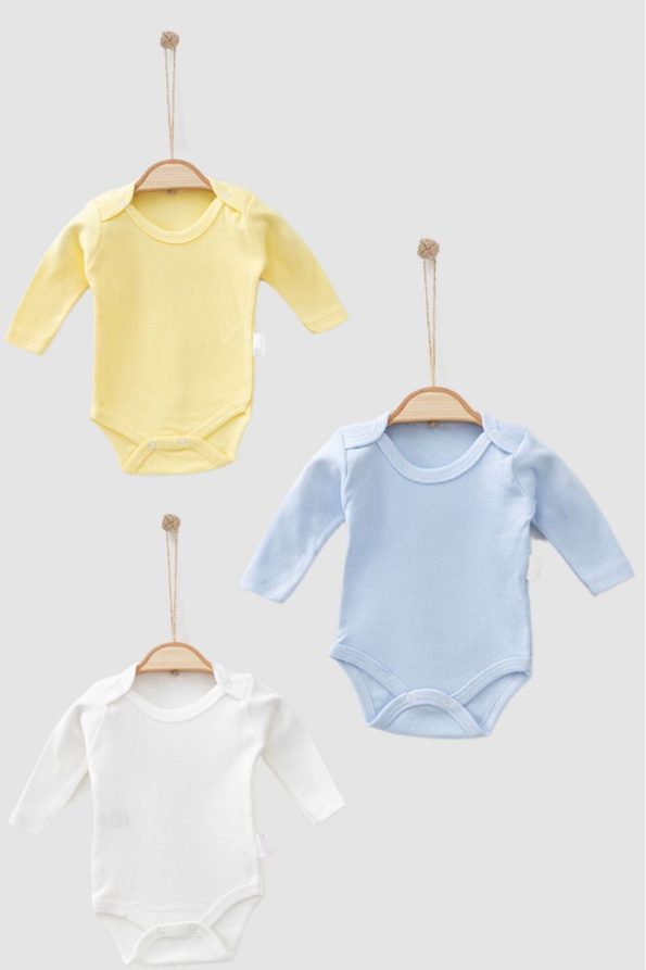 Bamoola 100% Organic Cotton Boys' Long Sleeve Bodysuit Set - Blue, Yellow, White