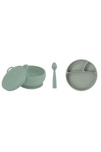 OiOi 3-Piece Set with Lidded Bowl, Snack Spoon, and Portion Plate in River Green