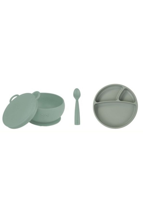 OiOi 3-Piece Set with Lidded Bowl, Snack Spoon, and Portion Plate in River Green