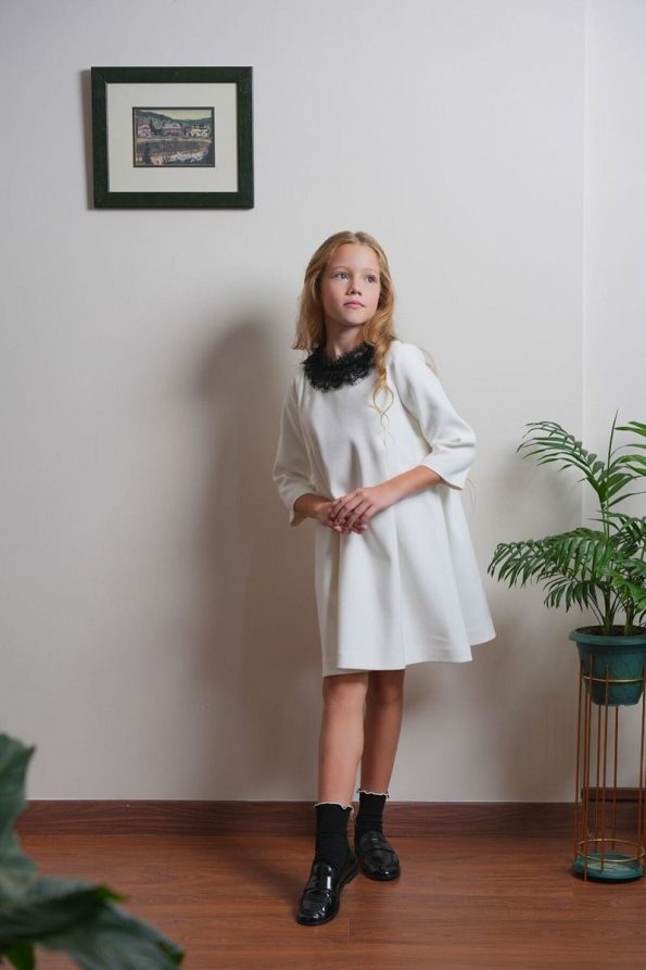 Augie Leauphant Lace Collar Detailed Off-White Dress
