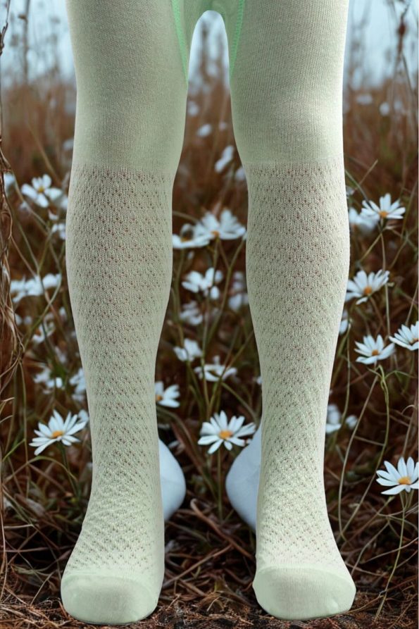 Sisters Socks Girls' Cotton Tights with Green Diamond Pattern
