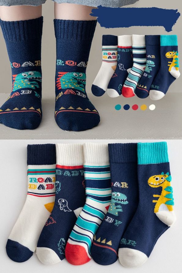Dinosaur Patterned Kids Socks - Assorted Classic Set of 5