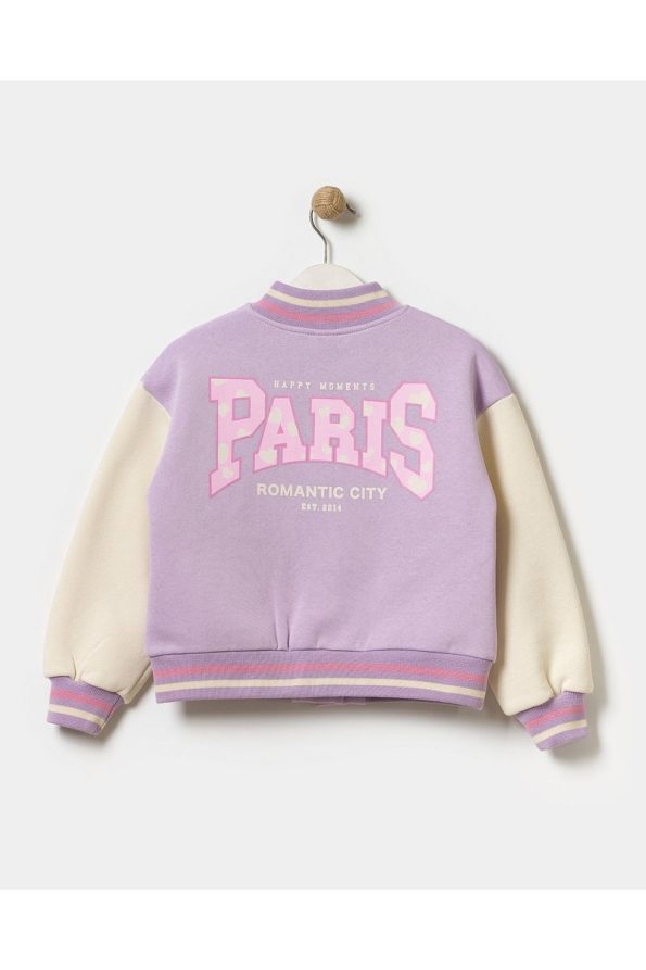 Minipodyum Girls' Paris Slogan Embroidered Snap-Button Bomber Jacket