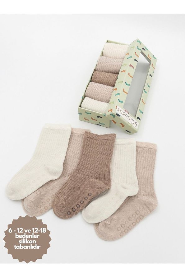 Karamila Seamless Bamboo Baby Socks - 5 Pairs in Special Box (Sizes for 6 Months and Up with Silicone Sole)