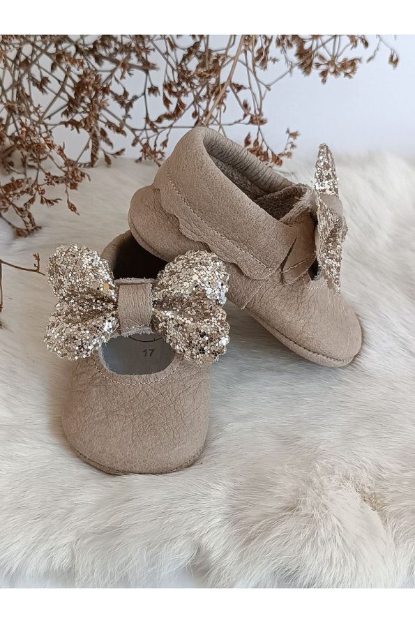 Hodore Alice Stone-Embellished Milk Coffee Genuine Leather Baby Moccasin Slippers
