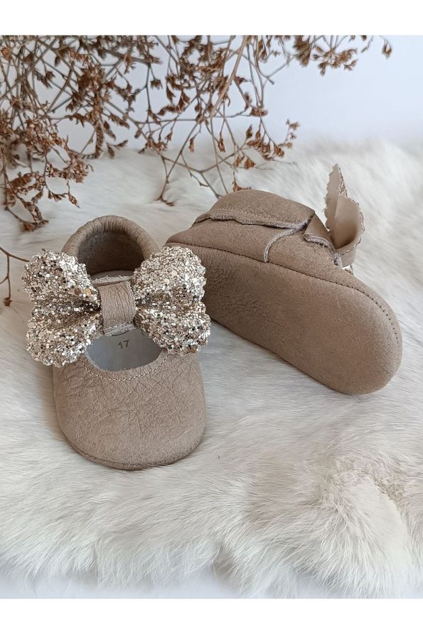 Hodore Alice Stone-Embellished Milk Coffee Genuine Leather Baby Moccasin Slippers