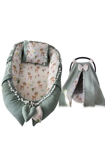 Jaju Baby Nest Green Waffle Fabric Fawn Design Baby Bed and Stroller Cover