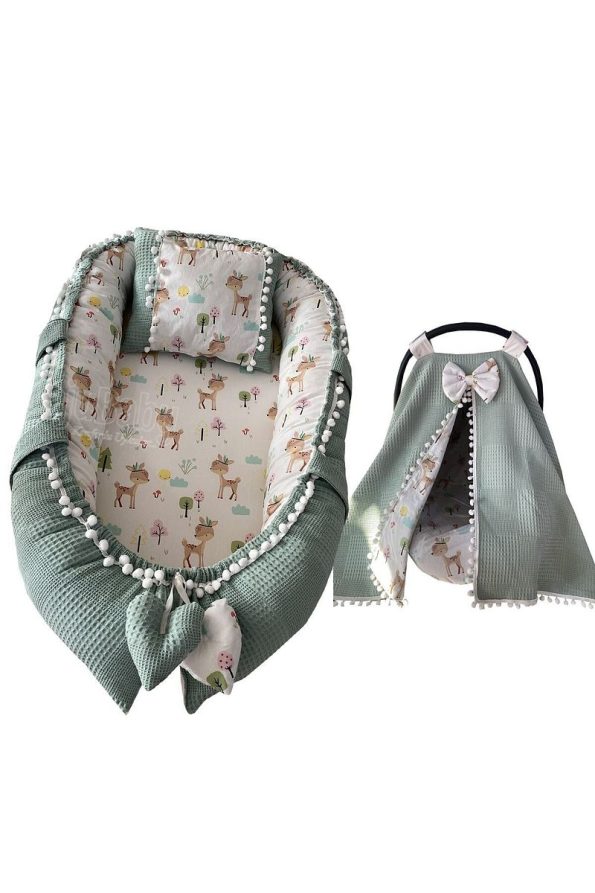 Jaju Baby Nest Green Waffle Fabric Fawn Design Baby Bed and Stroller Cover