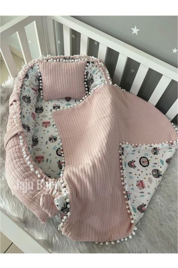 Jaju Baby Nest Blush Knitted Throw and Muslin Fabric with Pom Poms - Set of 3