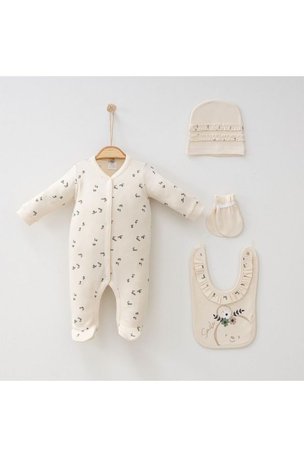 BABYLIM Girls' Printed Mini Rabbit Spring 4-Piece Romper Set 100% Cotton