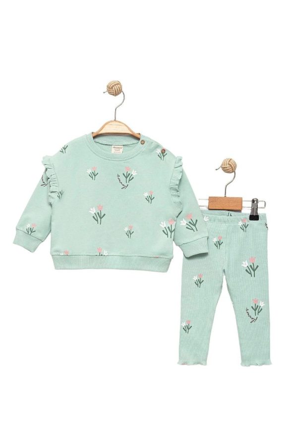Divonette Green Sweatshirt and Ribbed Leggings Set for Baby Girls