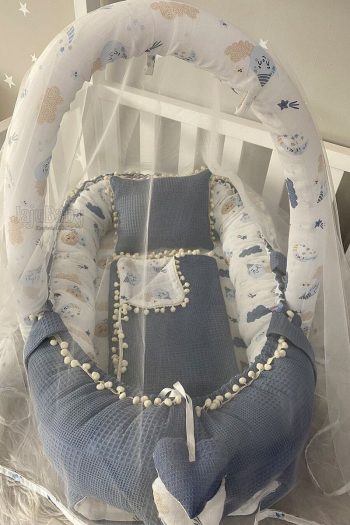 Jaju Baby Nest Denim Fabric Muslin Toy Set with Pom Poms