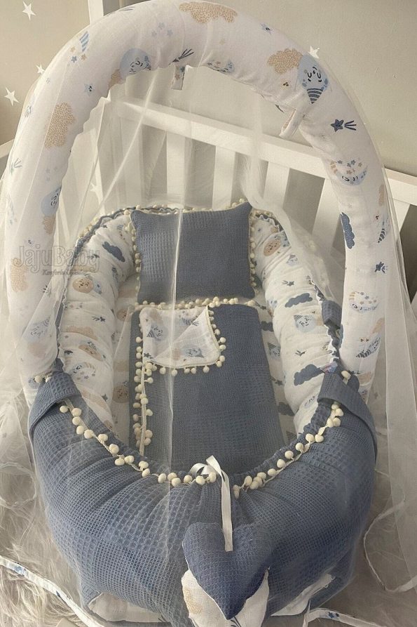 Jaju Baby Nest Denim Fabric Muslin Toy Set with Pom Poms