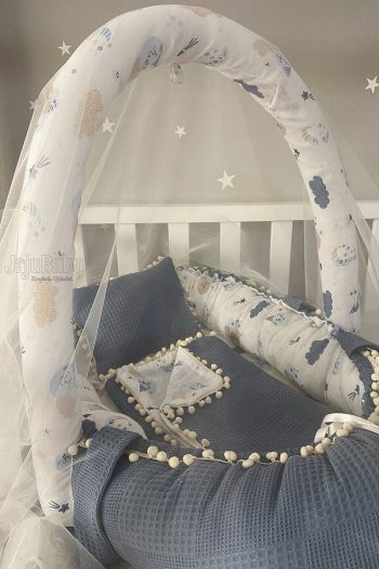 Jaju Baby Nest Denim Fabric Muslin Toy Set with Pom Poms