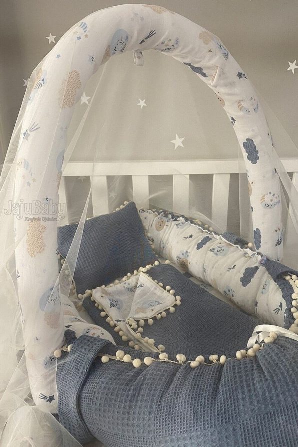 Jaju Baby Nest Denim Fabric Muslin Toy Set with Pom Poms
